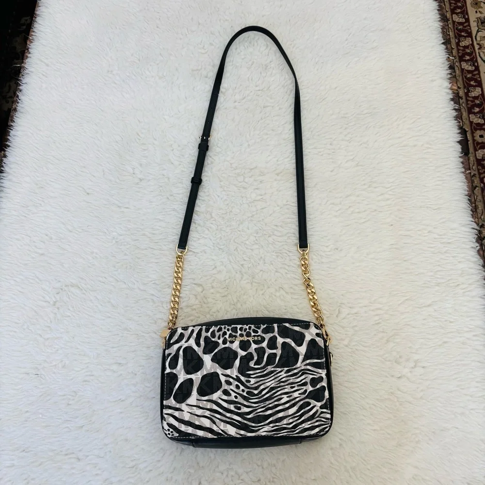 Michael Kors MK Monogram Black and White Animal Print Small Crossbody Bag